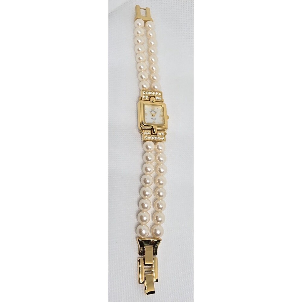 Women's Adrienne Club A Fancy Gold Tone Rhinestone Pearl Bracelet Band Watch 10 - Picture 6 of 9